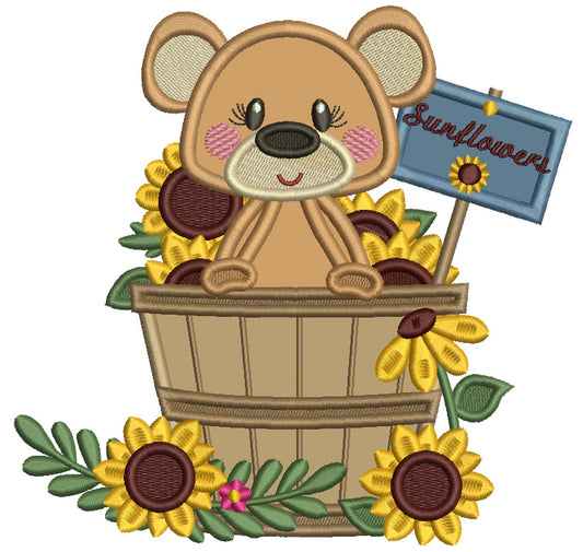 Bear Sitting Inside The Basket With Sunflowers Fall Applique Machine Embroidery Design Digitized Pattern