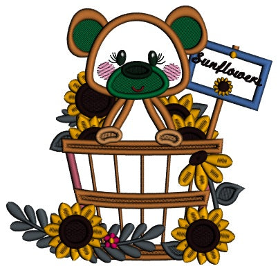 Bear Sitting Inside The Basket With Sunflowers Fall Applique Machine Embroidery Design Digitized Pattern