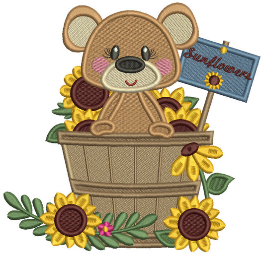 Bear Sitting Inside The Basket With Sunflowers Fall Filled Machine Embroidery Design Digitized Pattern