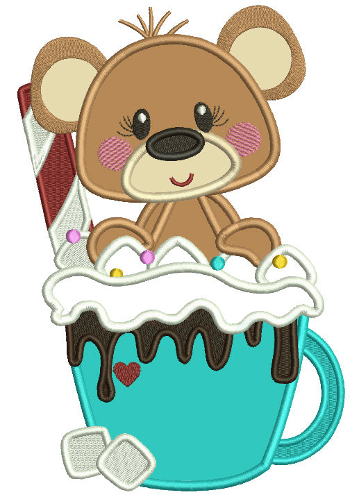 Bear Sitting Inside a Cup With Chocolate And Marshmallow Christmas Applique Machine Embroidery Design Digitized Pattern