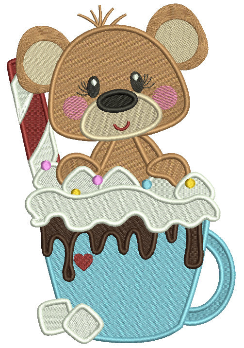 Bear Sitting Inside a Cup With Chocolate And Marshmallow Christmas Filled Machine Embroidery Design Digitized Pattern