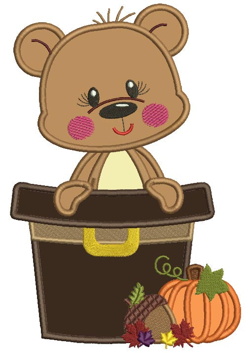 Bear Sitting Inside a Hat Thanksgiving Applique Machine Embroidery Design Digitized Pattern