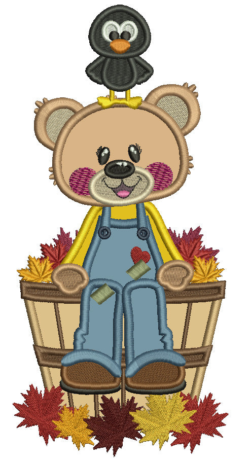 Bear Sitting On The Bucket Filled With Fall Leaves Applique Machine Embroidery Design Digitized Pattern