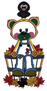 Bear Sitting On The Bucket Filled With Fall Leaves Applique Machine Embroidery Design Digitized Pattern