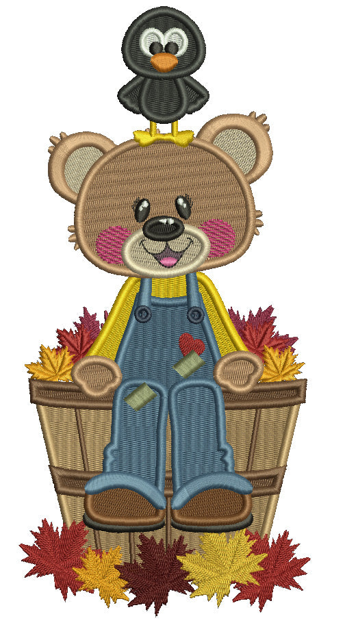 Bear Sitting On The Bucket Filled With Fall Leaves Filled Machine Embroidery Design Digitized Pattern