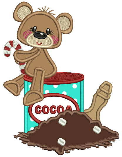 Bear Sitting On The Cocoa Holding Candy Cane Christmas Applique Machine Embroidery Design Digitized Pattern