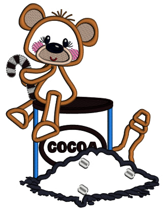 Bear Sitting On The Cocoa Holding Candy Cane Christmas Applique Machine Embroidery Design Digitized Pattern