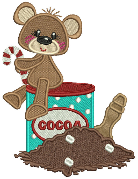 Bear Sitting On The Cocoa Holding Candy Cane Christmas Filled Machine Embroidery Design Digitized Pattern