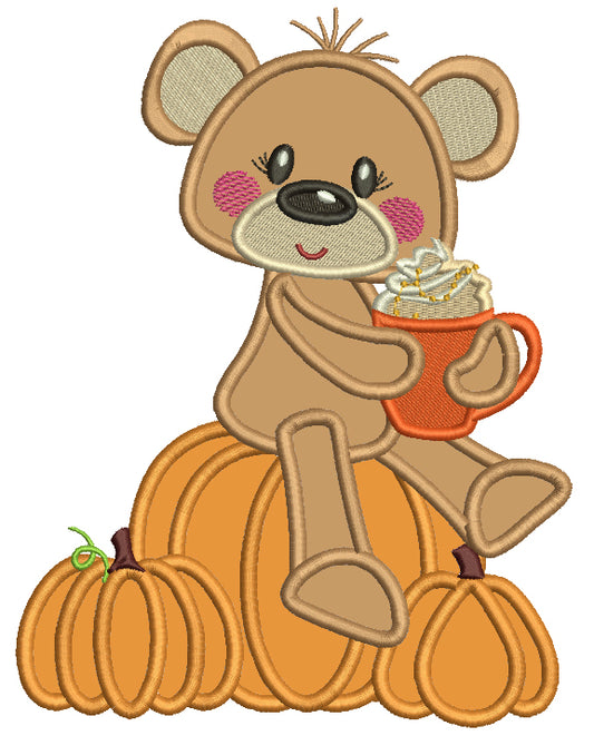 Bear Sitting On The Pumpkin Drinking Coco Halloween Applique Machine Embroidery Design Digitized Pattern