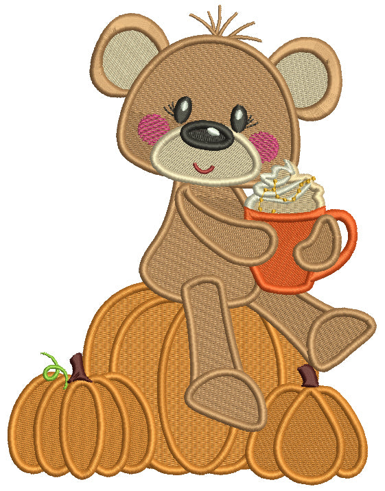 Bear Sitting On The Pumpkin Drinking Coco Halloween Filled Machine Embroidery Design Digitized Pattern