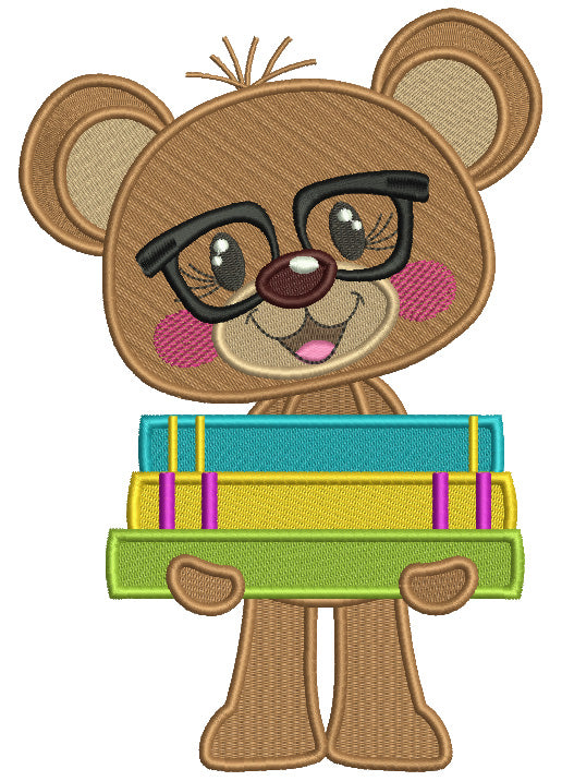 Bear Student Holding Books School Filled Machine Embroidery Design Digitized Pattern