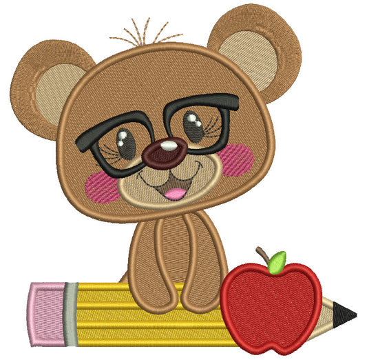 Bear Student Holding Pencil School Filled Machine Embroidery Design Digitized Pattern