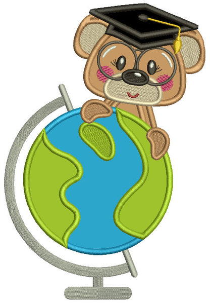 Bear Student With a Globe School Applique Machine Embroidery Design Digitized Pattern