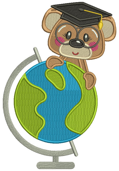 Bear Student With a Globe School Filled Machine Embroidery Design Digitized Pattern