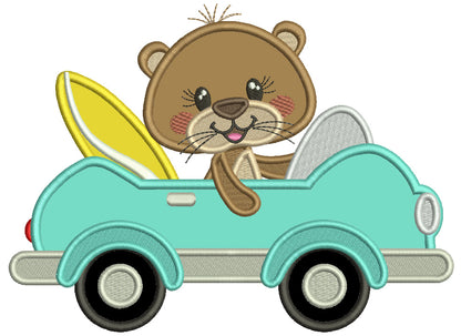 Bear Surfer Driving The Car Applique Machine Embroidery Design Digitized Pattern