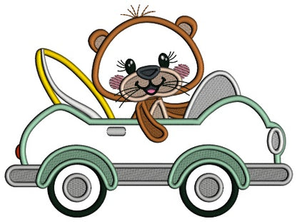 Bear Surfer Driving The Car Applique Machine Embroidery Design Digitized Pattern