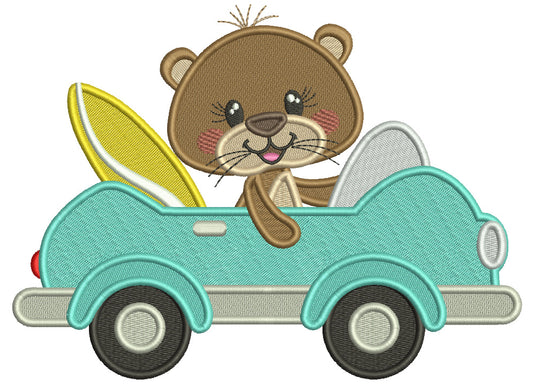 Bear Surfer Driving The Car Filled Machine Embroidery Design Digitized Pattern