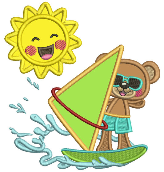 Bear Surfing And Big Smiling Sun Summer Applique Machine Embroidery Design Digitized Pattern