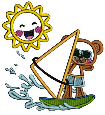 Bear Surfing And Big Smiling Sun Summer Applique Machine Embroidery Design Digitized Pattern
