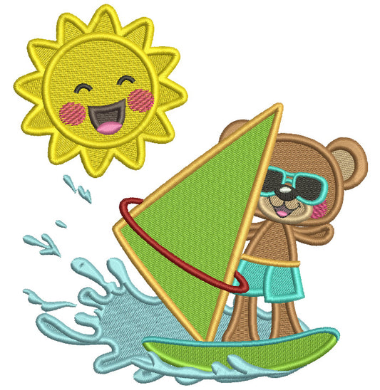 Bear Surfing And Big Smiling Sun Summer Filled Machine Embroidery Design Digitized Pattern