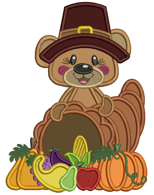 Bear Wearing Big Thankgiving Hat With Carnocopia of Fruits And Vegatables Applique Machine Embroidery Design Digitized Pattern
