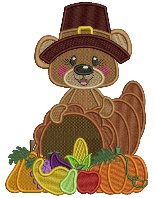 Bear Wearing Big Thankgiving Hat With Carnocopia of Fruits And Vegatables Filled Machine Embroidery Design Digitized Pattern