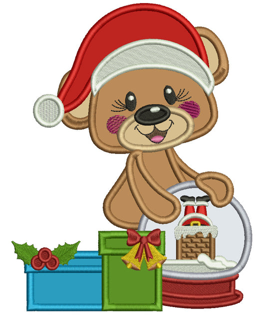 Bear Wearing Christmas Hat With a Globe Applique Machine Embroidery Design Digitized Pattern