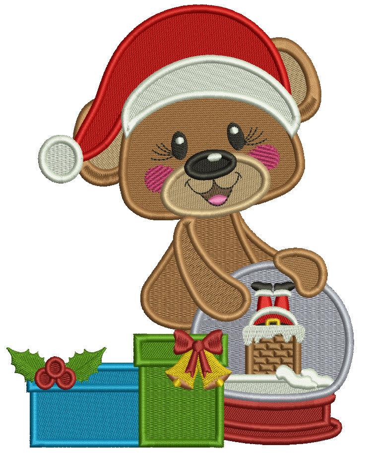 Bear Wearing Christmas Hat With a Globe Filled Machine Embroidery Design Digitized Pattern