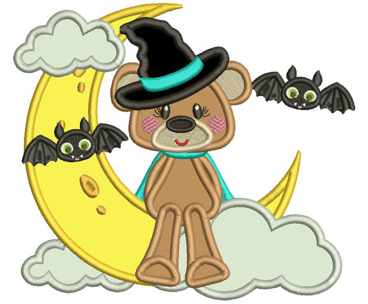 Bear Wearing Witch Hat SItting On The Moon Halloween Applique Machine Embroidery Design Digitized Pattern