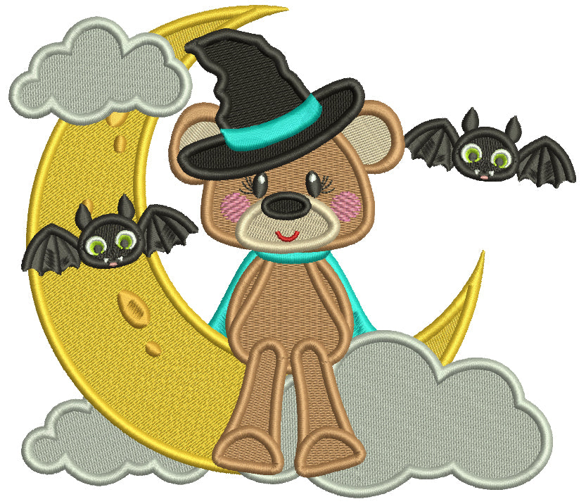 Bear Wearing Witch Hat SItting On The Moon Halloween Filled Machine Embroidery Design Digitized Pattern