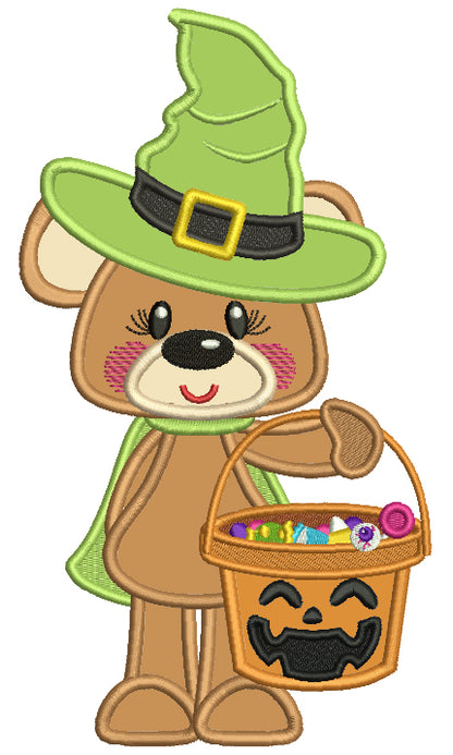 Bear Wearing Witch Hat Trick Or Treating Halloween Applique Machine Embroidery Design Digitized Pattern