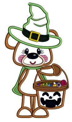 Bear Wearing Witch Hat Trick Or Treating Halloween Applique Machine Embroidery Design Digitized Pattern