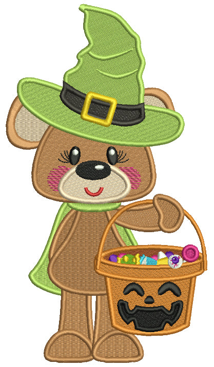Bear Wearing Witch Hat Trick Or Treating Halloween Filled Machine Embroidery Design Digitized Pattern