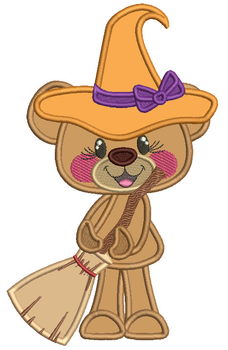 Bear Witch With a Broom Halloween Applique Machine Embroidery Design Digitized Pattern