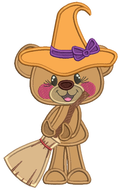 Bear Witch With a Broom Halloween Applique Machine Embroidery Design Digitized Pattern