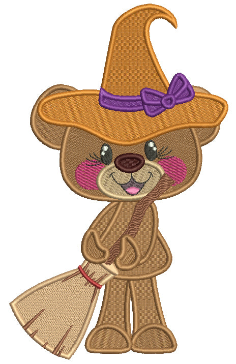 Bear Witch With a Broom Halloween Filled Machine Embroidery Design Digitized Pattern