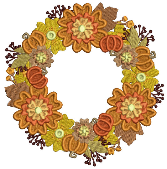Beautiful Fall Wreath With Pumpkins Leaves and Twigs Fall Filled Machine Embroidery Design Digitized Pattern