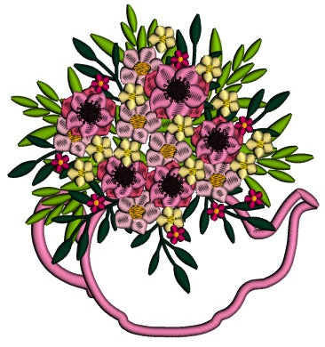 Beautiful Flowers Inside a Tea Kettle Applique Machine Embroidery Design Digitized Pattern