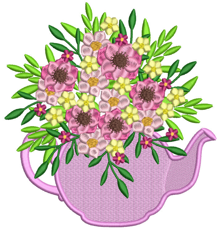 Beautiful Flowers Inside a Tea Kettle Filled Machine Embroidery Design Digitized Pattern