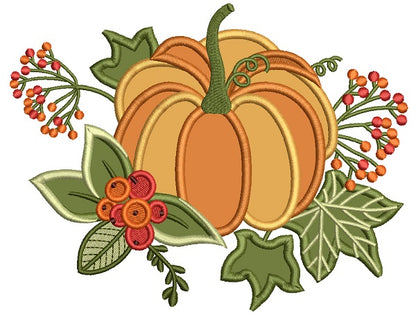 Beautiful Pumpkin With Leaves Fall Thanksgiving Applique Machine Embroidery Design Digitized Pattern