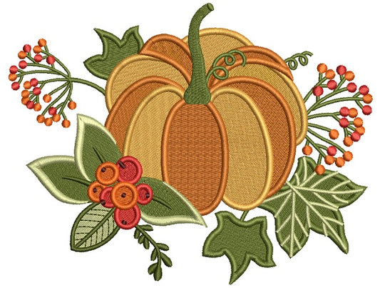 Beautiful Pumpkin With Leaves Fall Thanksgiving Filled Machine Embroidery Design Digitized Pattern