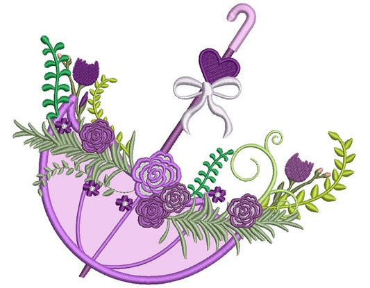 Beautiful Ornate Umbrella With Flowers and Heart Applique Machine Embroidery Digitized Design Pattern