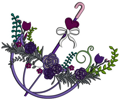 Beautiful Ornate Umbrella With Flowers and Heart Applique Machine Embroidery Digitized Design Pattern