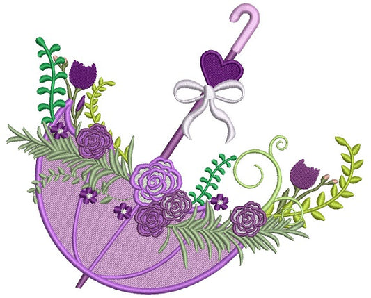 Beautiful Ornate Umbrella With Flowers and Heart Filled Machine Embroidery Digitized Design Pattern