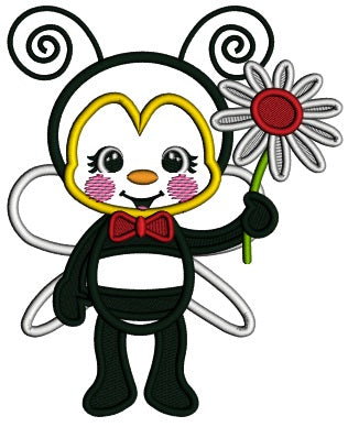 Bee Boy Holding Daisy Valentine's Day Applique Machine Embroidery Design Digitized Pattern