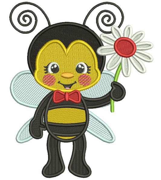 Bee Boy Holding Daisy Valentine's Day Filled Machine Embroidery Design Digitized Pattern
