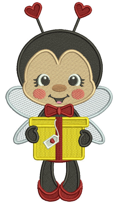 Bee Holding Gift Box With Heart And Bow Valentine's Day Filled Machine Embroidery Design Digitized Pattern