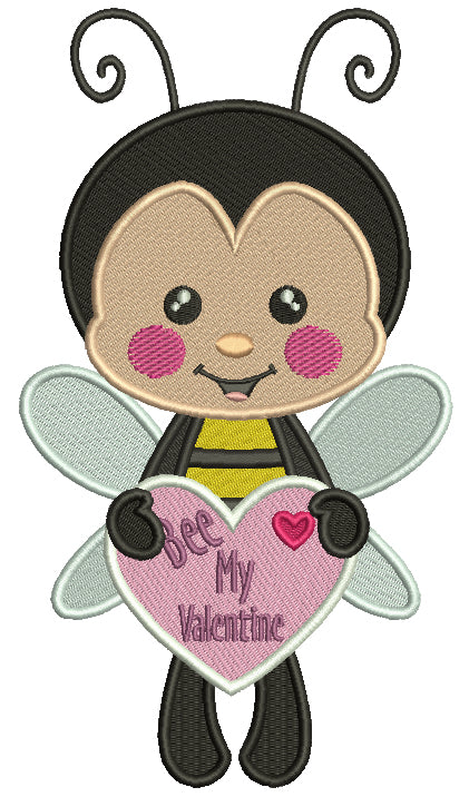 Bee My Valentine Bee Holding a Heart Valentine's Day Filled Machine Embroidery Design Digitized Pattern