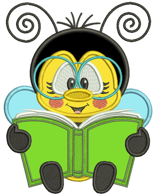 Bee Reading a Book School Applique Machine Embroidery Design Digitized Pattern