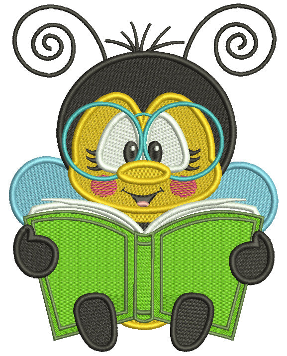 Bee Reading a Book School Filled Machine Embroidery Design Digitized Pattern